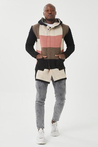 Salmon and black hooded cardigan