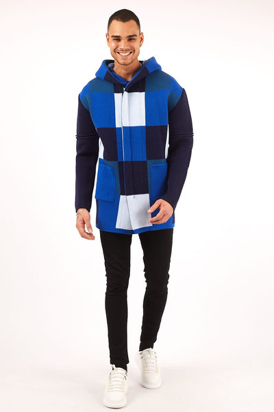 checkered blue and white hooded cardigan