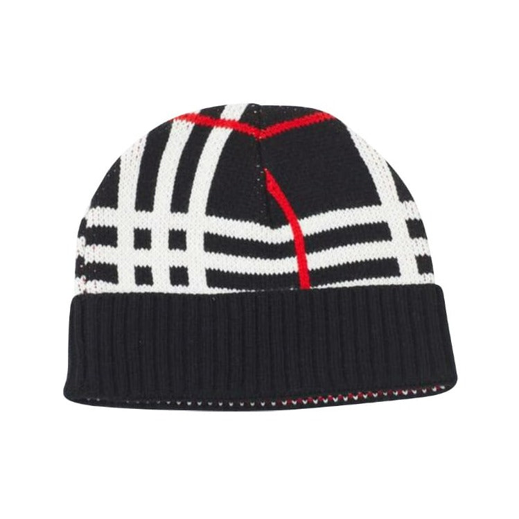 black, white and red beanie hat