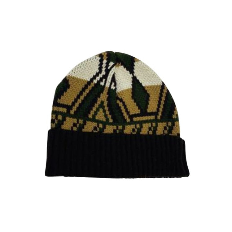 beige, green black beanie hat