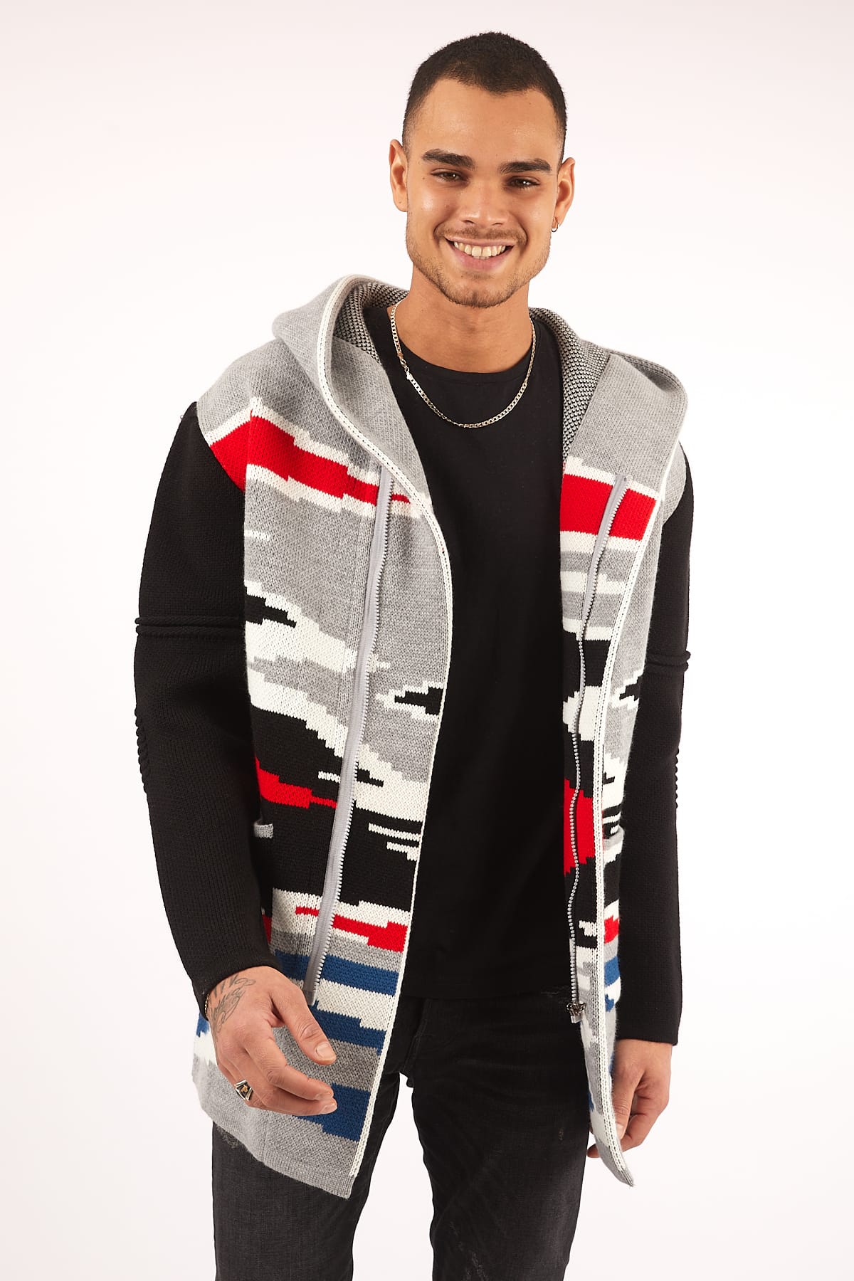gray red and black hooded cardigan