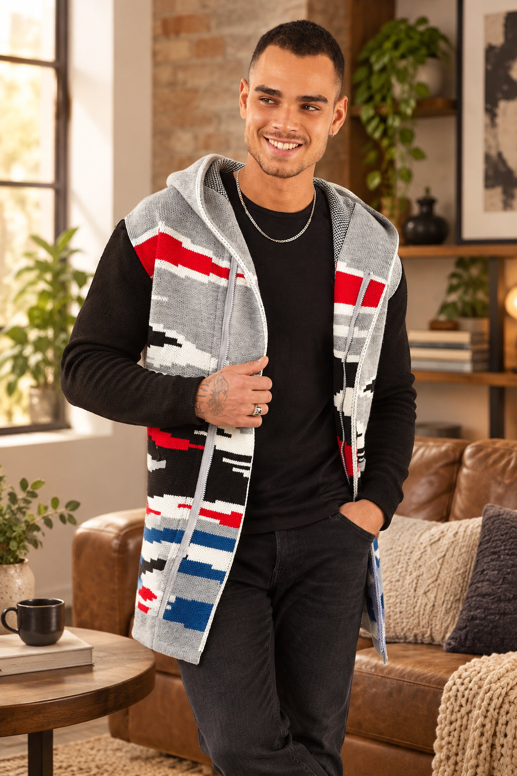 gray red and black hooded cardigan