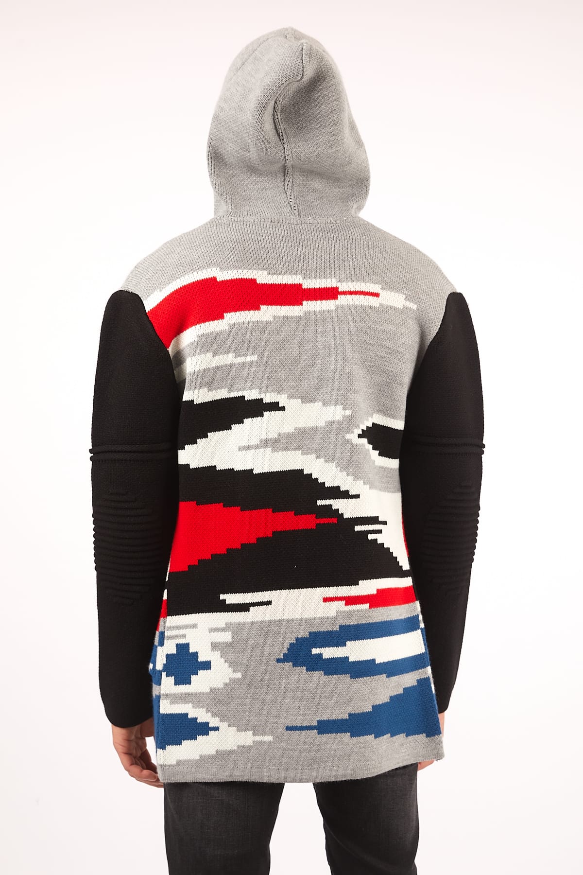 gray red and black hooded cardigan