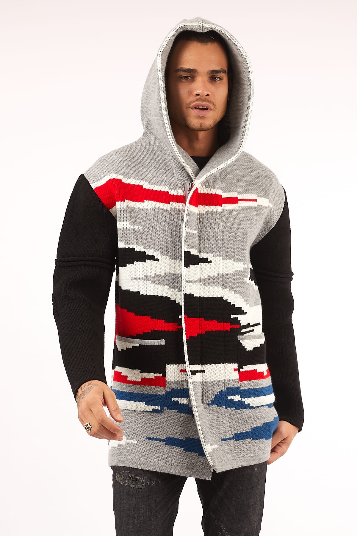gray red and black hooded cardigan