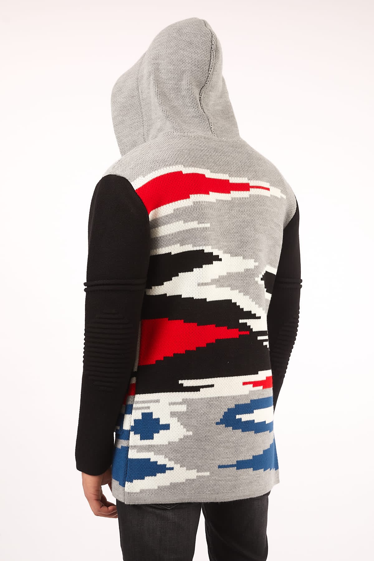 gray red and black hooded cardigan