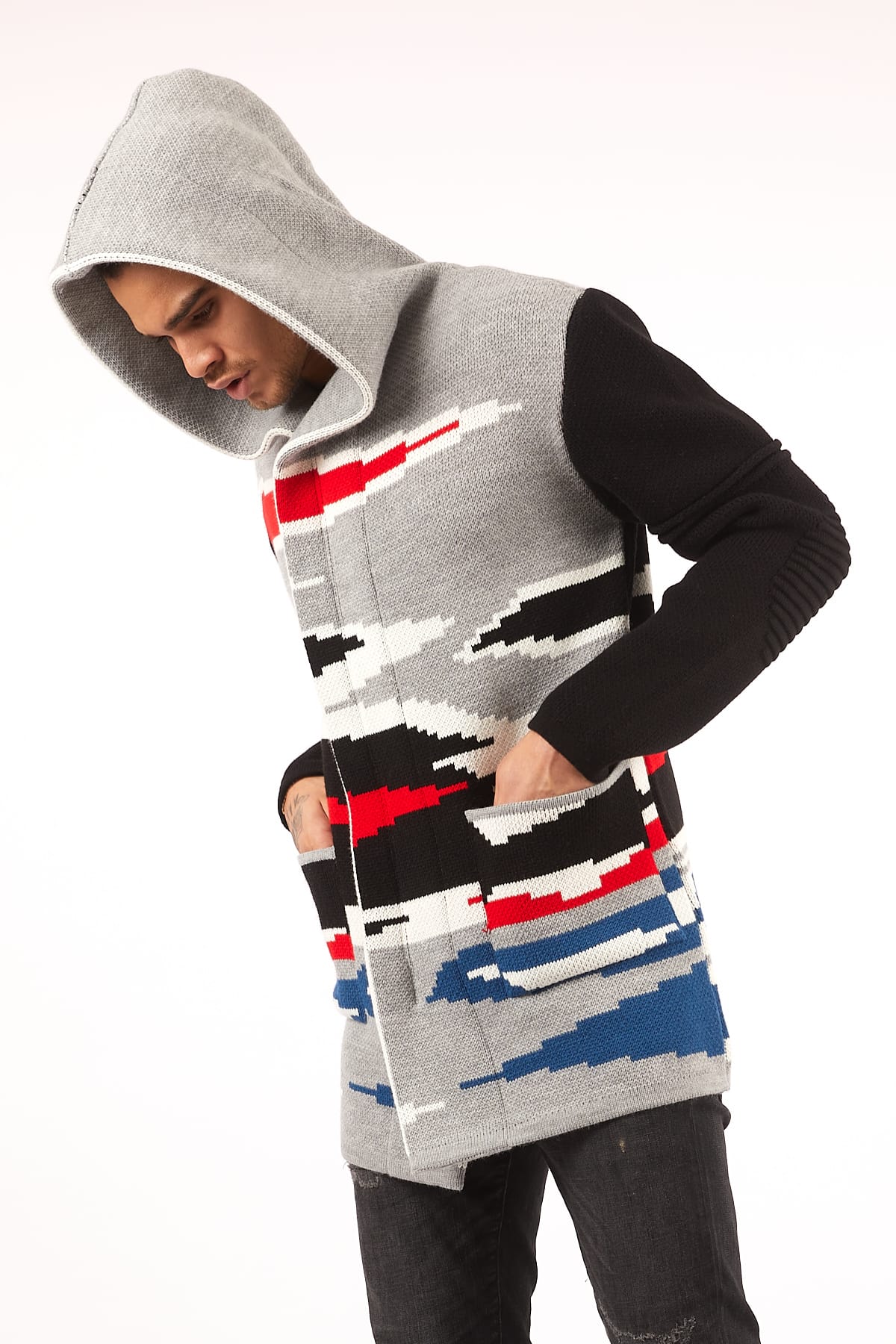 gray red and black hooded cardigan