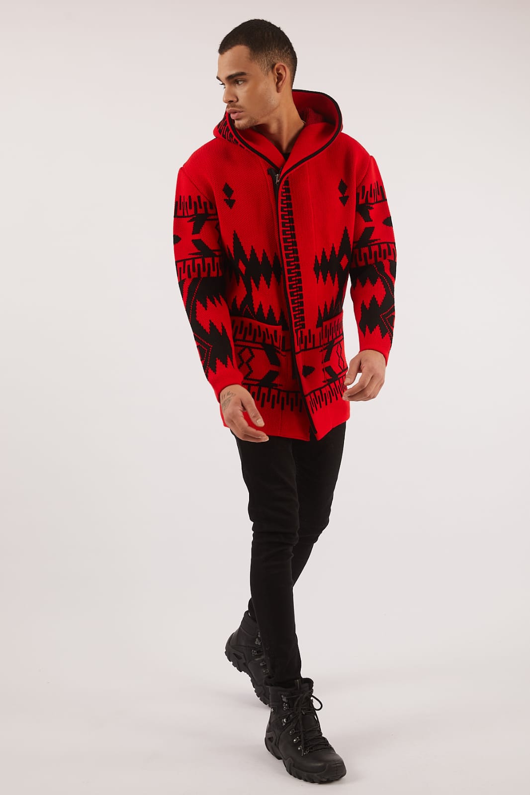red and black hooded cardigan
