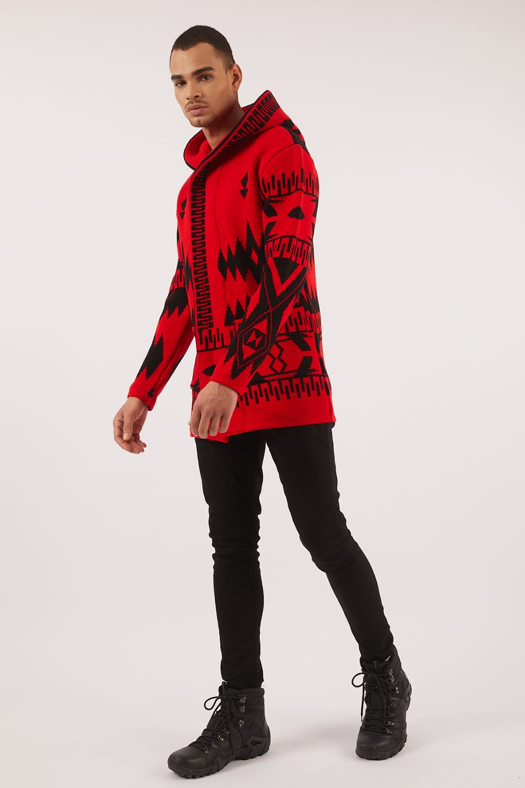 red and black hooded cardigan