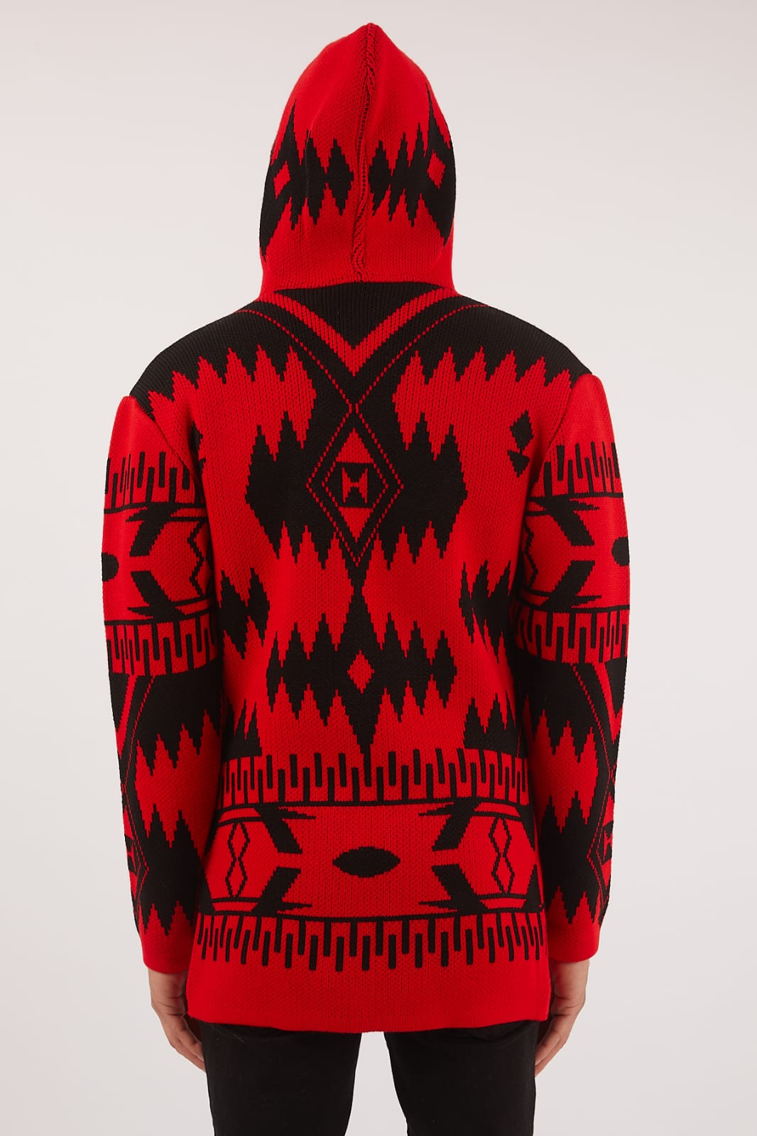 red and black hooded cardigan