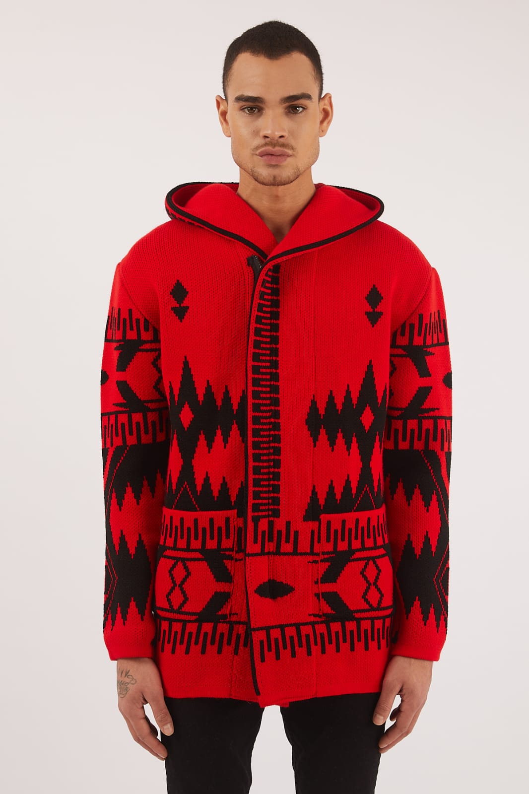 red and black hooded cardigan