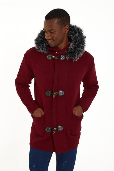 Men’s Burgundy Knit Toggle Hoodie – Faux Fur Trim Winter Sweater Jacket
