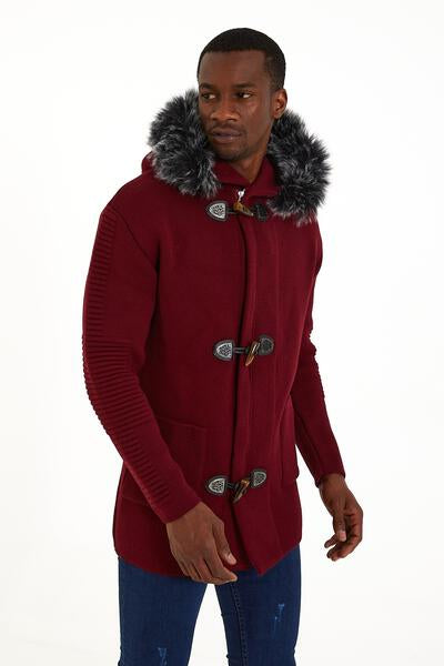 Men’s Burgundy Knit Toggle Hoodie – Faux Fur Trim Winter Sweater Jacket