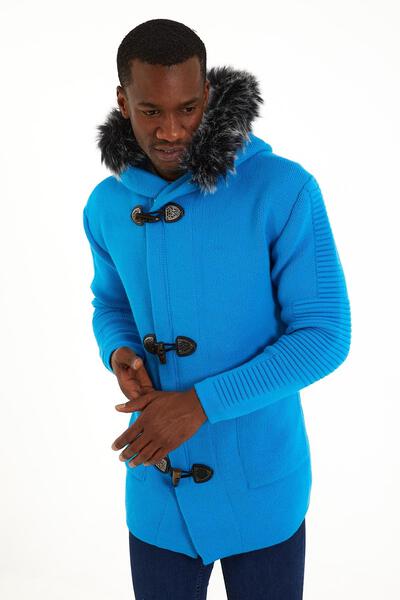 Men’s Electric Blue Knit Hoodie with Faux Fur Trim – Toggle Closure Winter Sweater Jacket