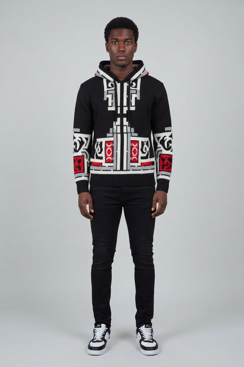 Men’s Tribal Knit Hoodie – Black Pullover with Red, Blue & Cream Geometric Print