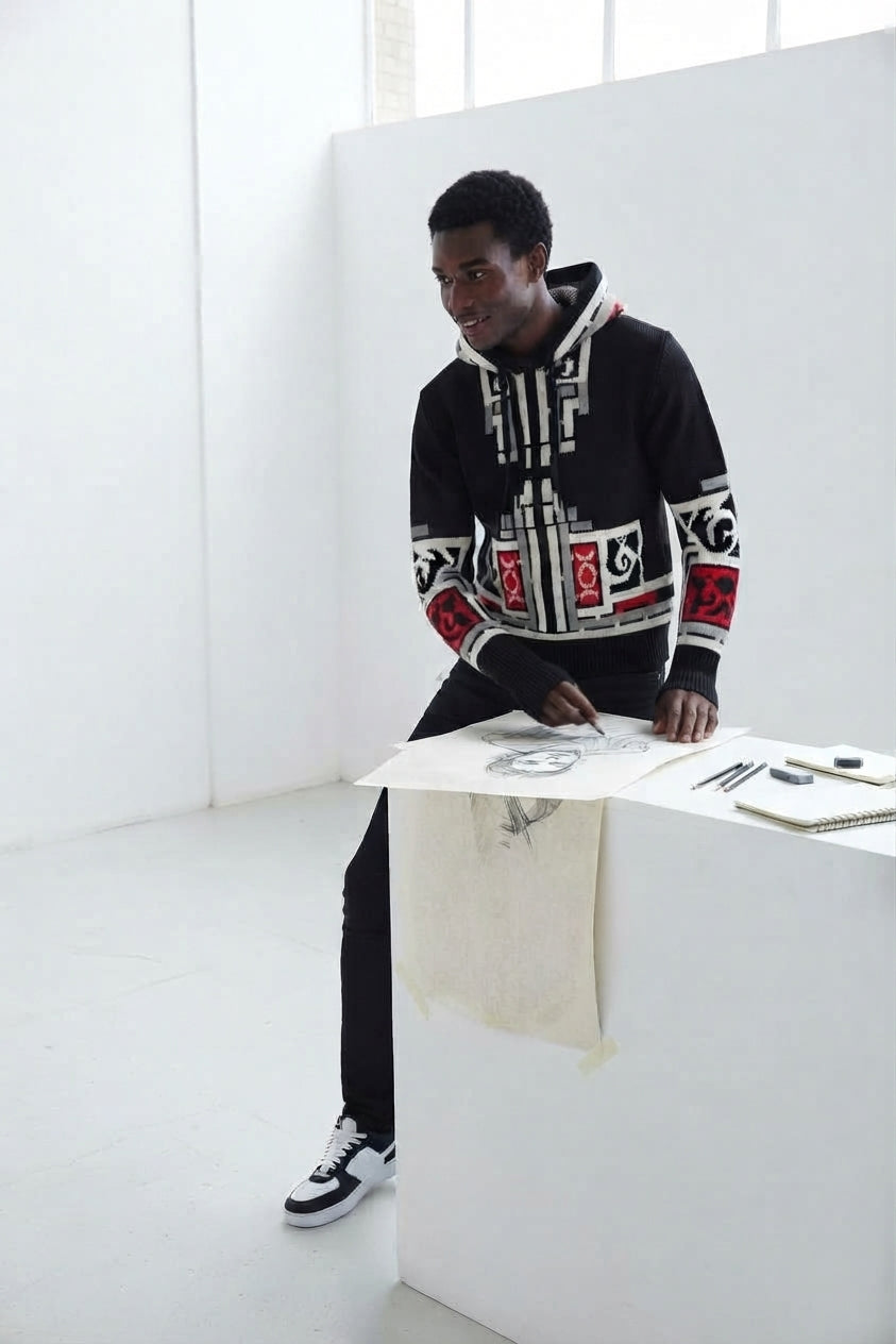Men’s Tribal Knit Hoodie – Black Pullover with Red, Blue & Cream Geometric Print