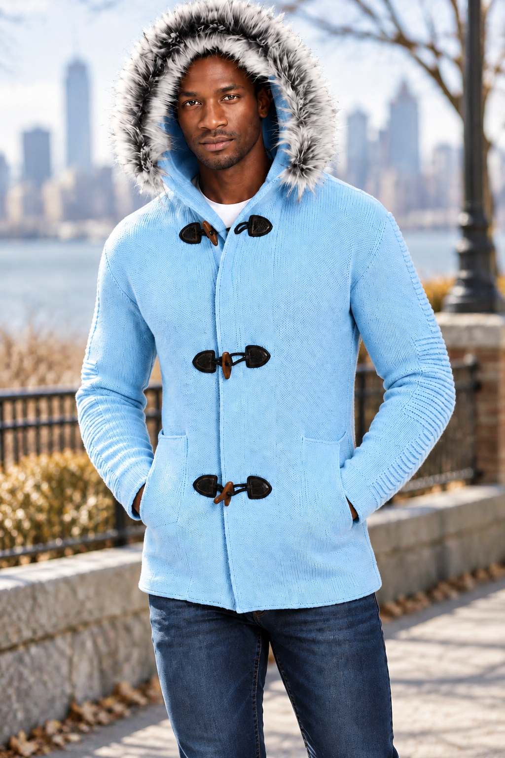 Men’s Sky Blue Knit Hoodie – Faux Fur Hood & Toggle Closure Winter Sweater