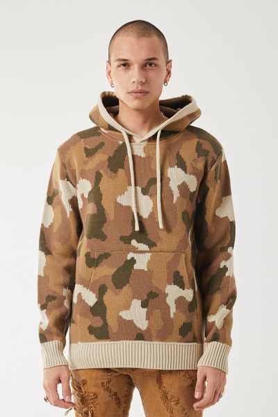 Men’s Camo Knit Hoodie Sweater – Brown Camouflage Pullover Streetwear