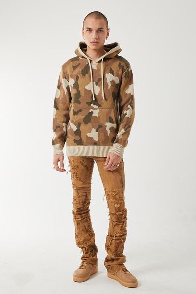 Men’s Camo Knit Hoodie Sweater – Brown Camouflage Pullover Streetwear