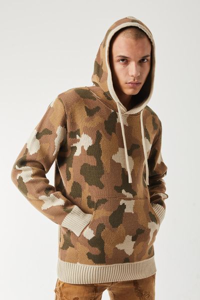 Men’s Camo Knit Hoodie Sweater – Brown Camouflage Pullover Streetwear