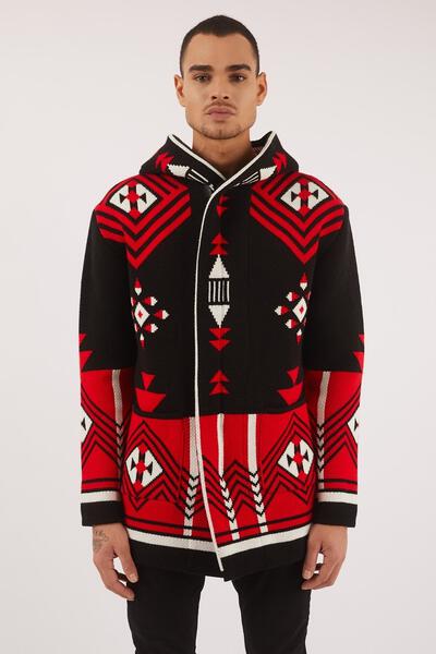 Men's Sweater Cardigan- Black & Red