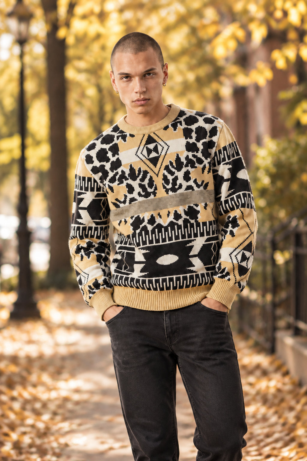 Men’s Tribal Pattern Knit Crewneck Sweater – Black, Tan & White Bold Geometric Pullover