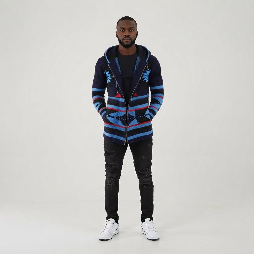 Men’s Navy Aztec Knit Hoodie – Tribal Pattern Hoodie
