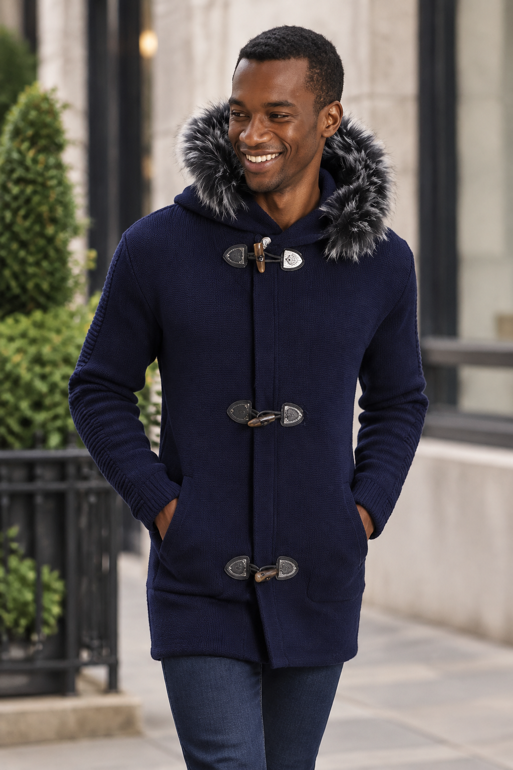 Men’s Navy Knit Hoodie with Faux Fur Trim – Toggle Closure Winter Sweater Coat