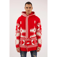 Hooded Cardigan for Men- Red Aztec