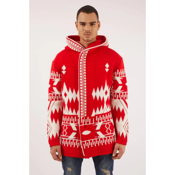Hooded Cardigan for Men- Red Aztec
