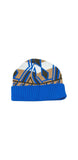 blue and beige beanie hat