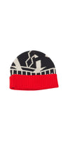 red, ivory and black beanie hat