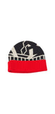 red, ivory and black beanie hat