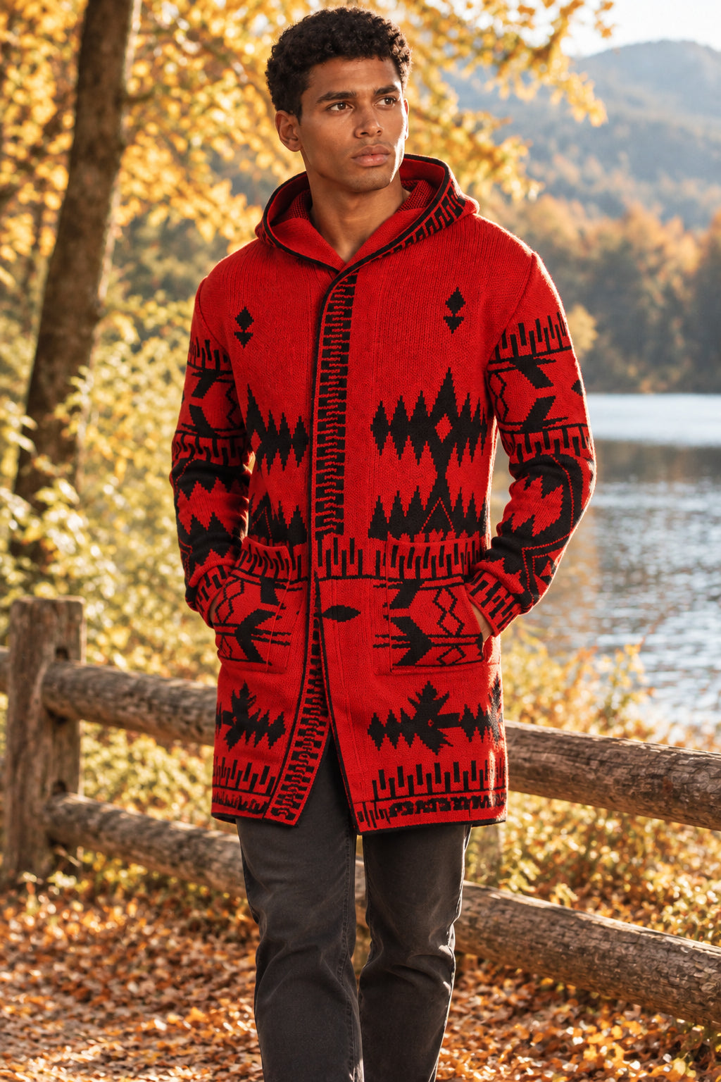 red and black hooded cardigan 