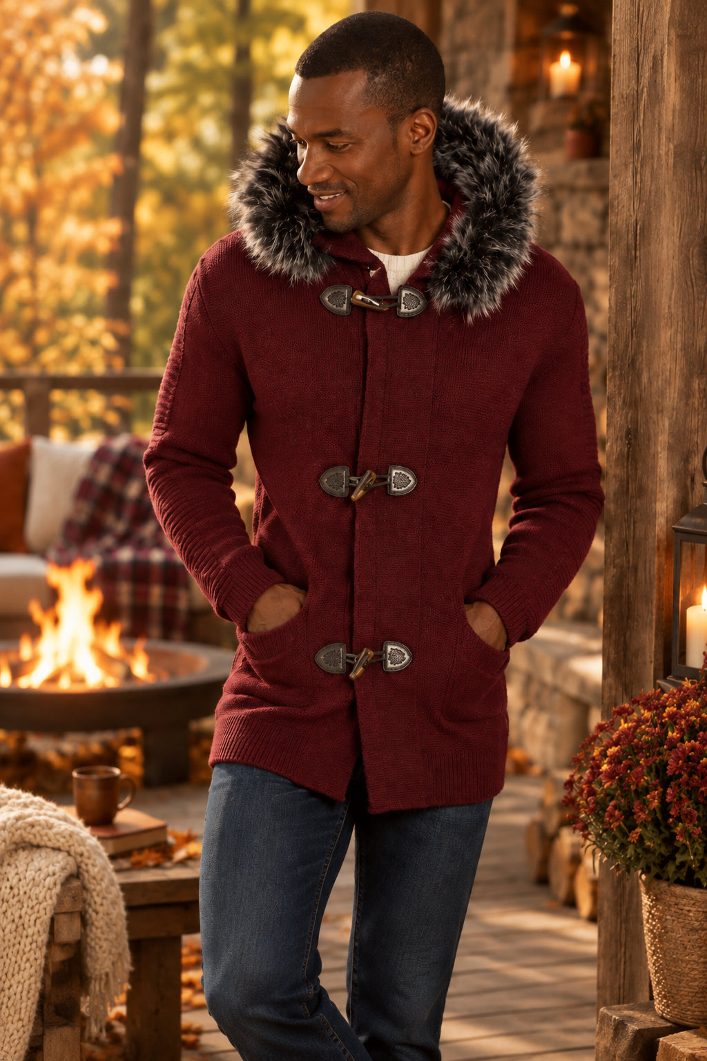 Men’s Burgundy Knit Toggle Hoodie – Faux Fur Trim Winter Sweater Jacket
