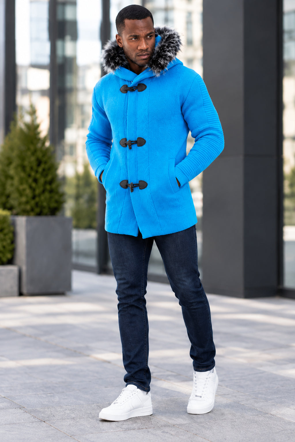 Men’s Electric Blue Knit Hoodie with Faux Fur Trim – Toggle Closure Winter Sweater Jacket