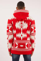 red and white hooded cardigan